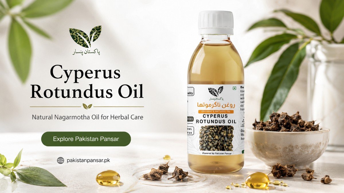 Pakistan Pansar Cyperus Rotundus Oil bottle with Nagarmotha roots for herbal care in Pakistan